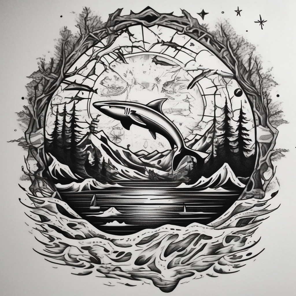 tattoo that has an acacia tree with forest mountains, ocean with a ship wreck with sharks and the bright northern star half sleeve tattoos for men, AI-generated Surreal tattoo design